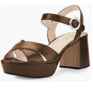 FSJ Brown Peep Toe Chunky High Heels Platform Sandals Ankle Strap Prom Shoes